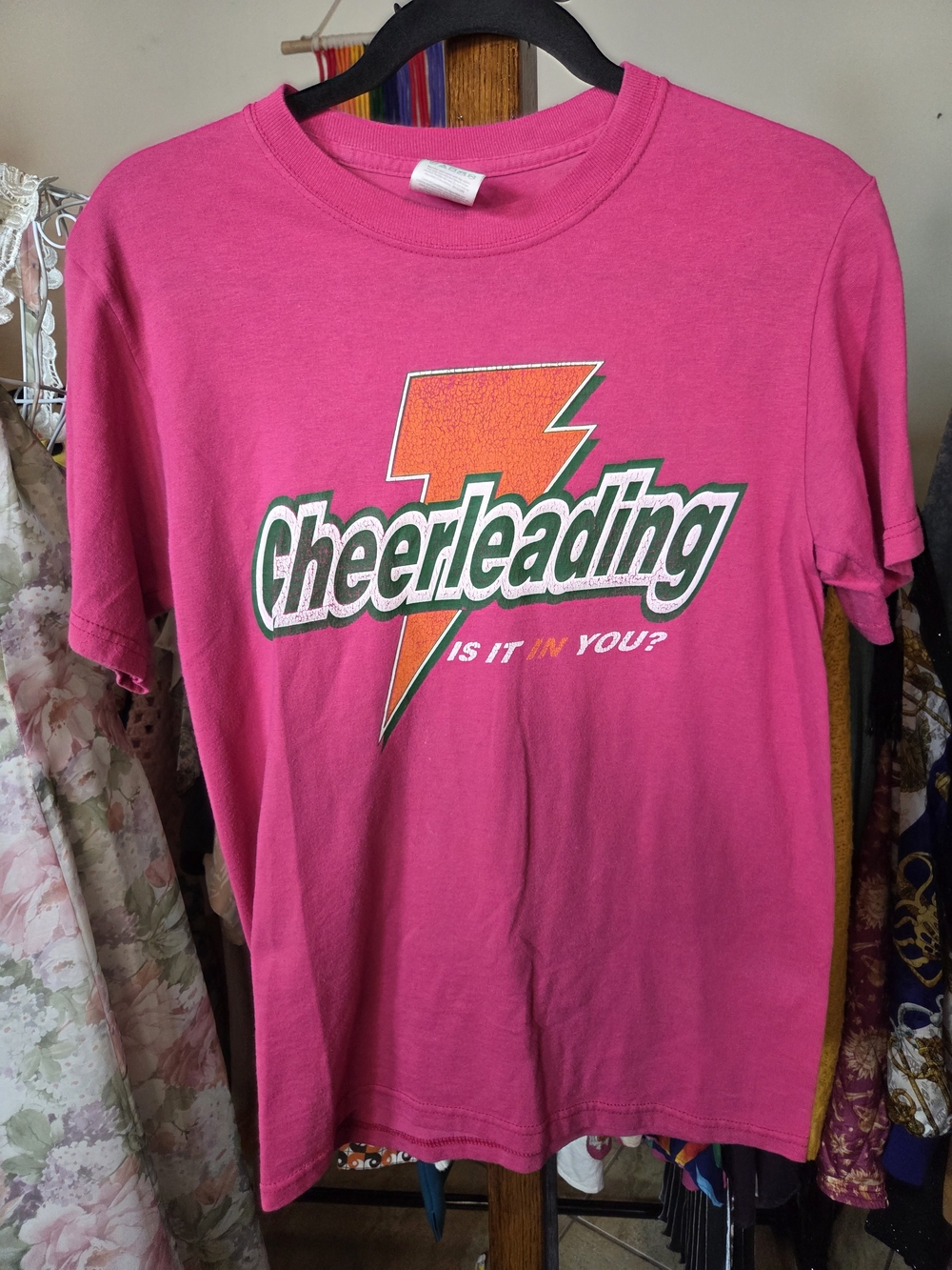 Jerzees Pink Cheerleading Graphic Tee with Lightning Bolt